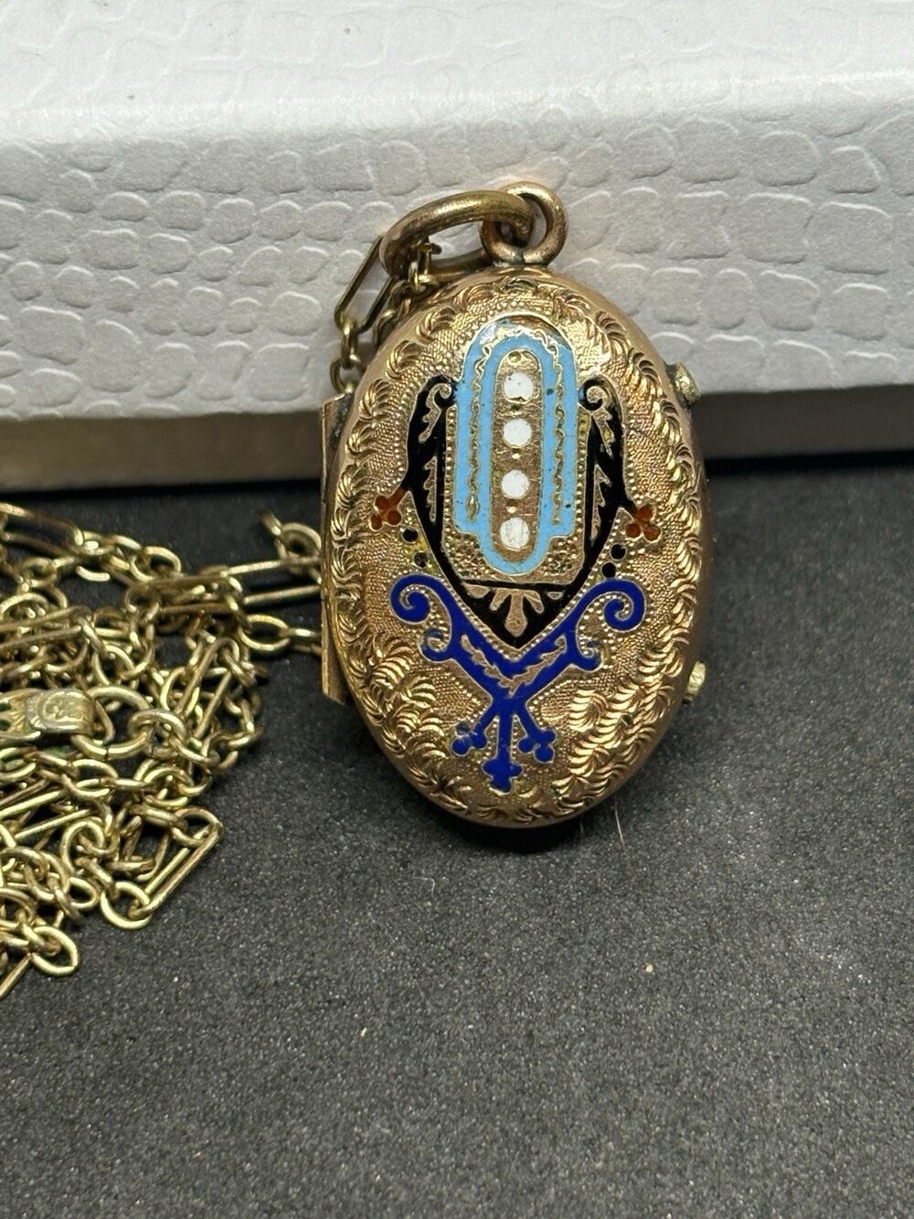 Antique Victorian Gold Filled Black Blue Enamel Etched Locket Pendant Necklace